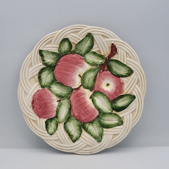 sam marco Other - Hand Painted Italian 8" Raised Apples Leaves White Basketweave Ceramic Plate